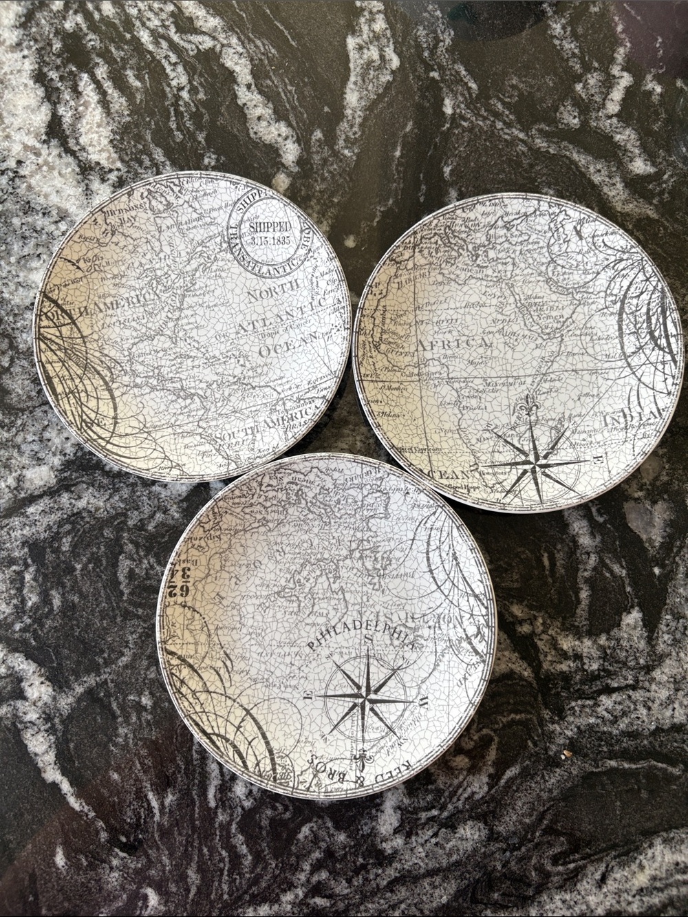 222 Fifth White and Black World Map Dessert Plates